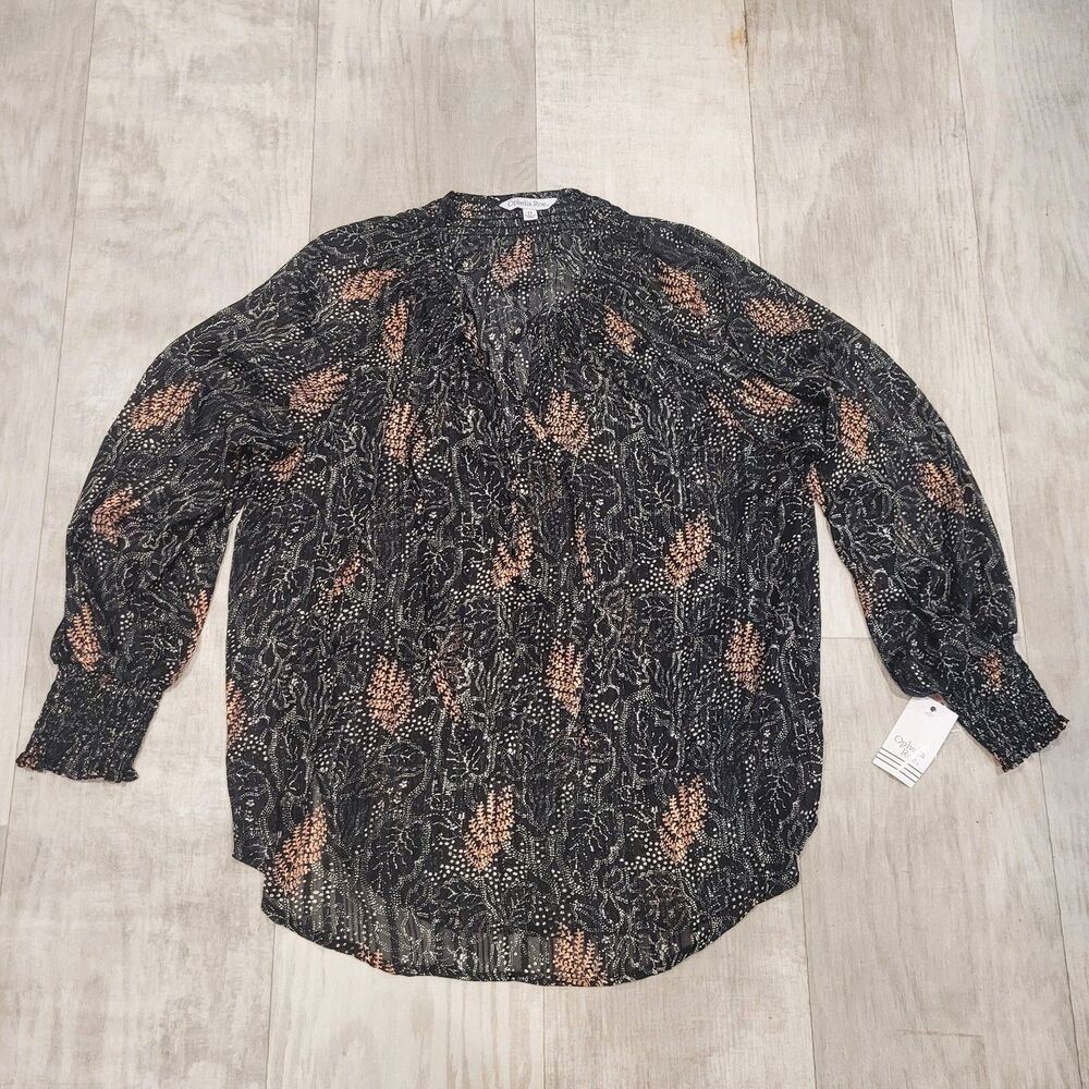 NWT Ophelia Roe Plus Size 1X Leaf Pattern Sheer Boho Whimsical Metallic Blouse